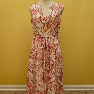 WOMEN'S PRINTED WHITE/PINK MIDI V-NECK DRESS, SIZE 8